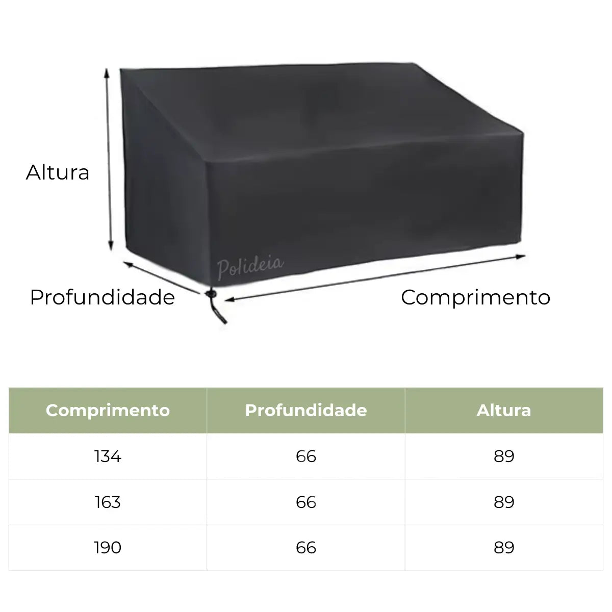 Tabela de medida para capa impermeável para sofá externo e jardim
