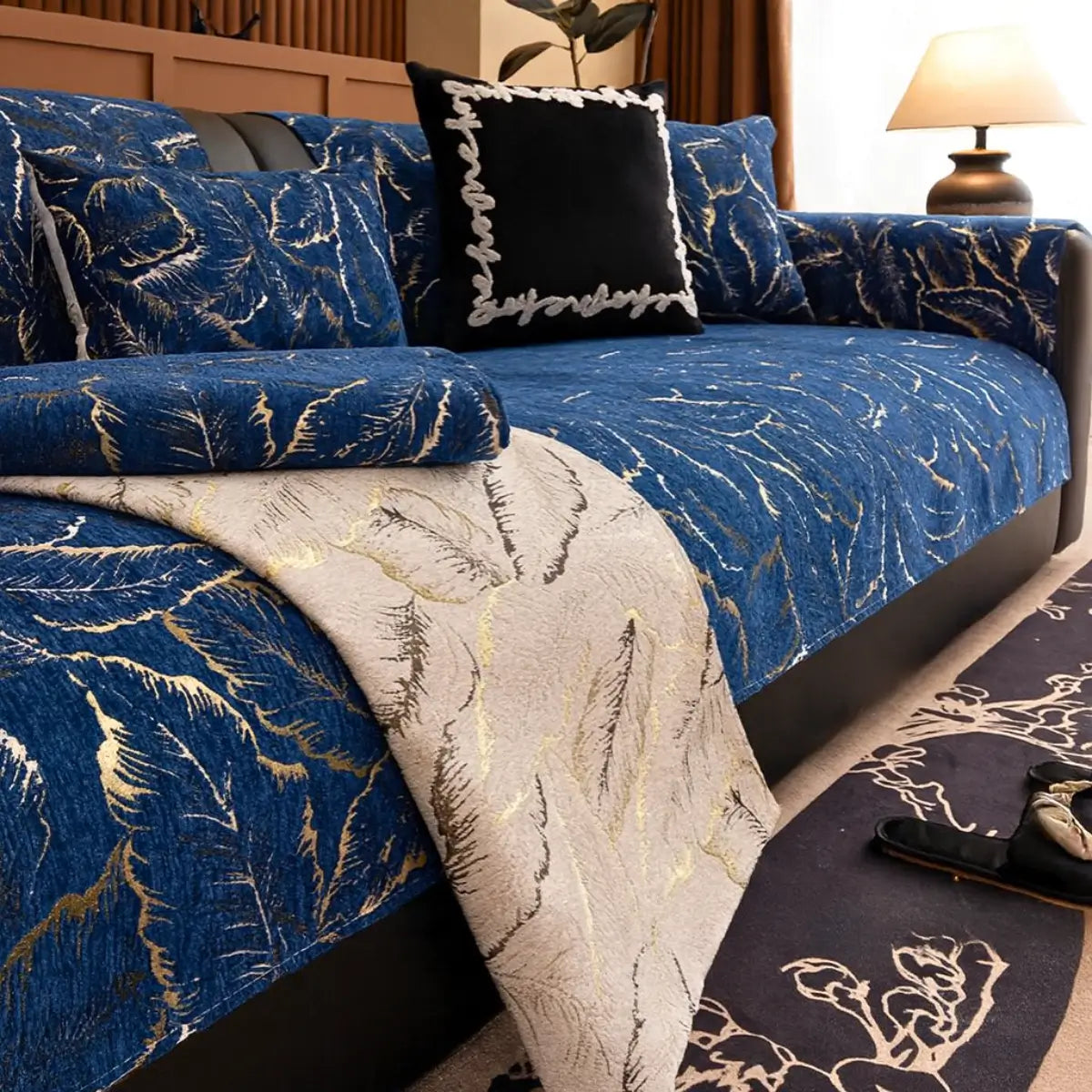 Comprar Capa Para Sofá Moderna Premium antiderrapante design folhagem azul dourado folhas proteção elegante barata promoção
