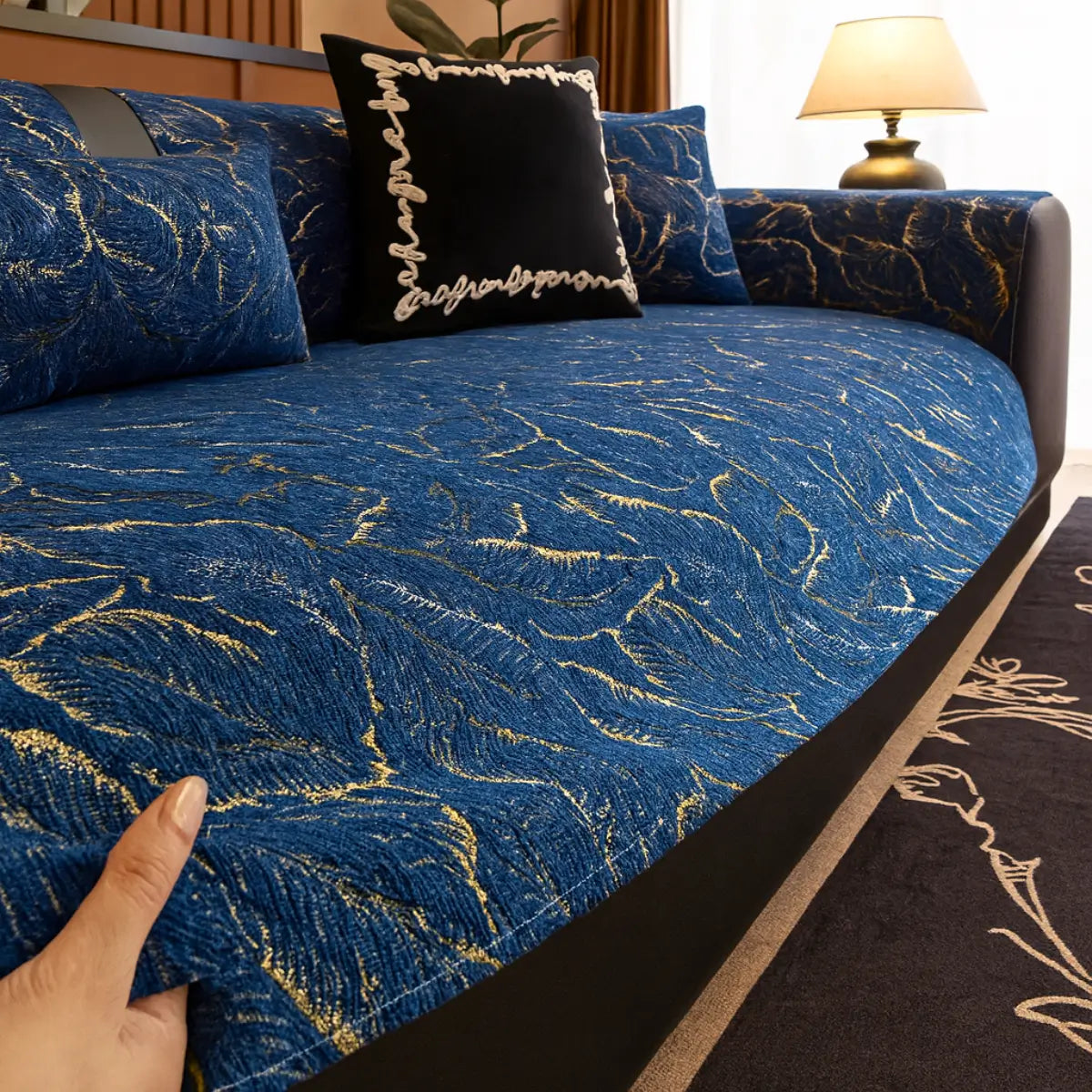 Comprar Capa Para Sofá Moderna Premium antiderrapante design folhagem azul dourado folhas proteção elegante barata promoção