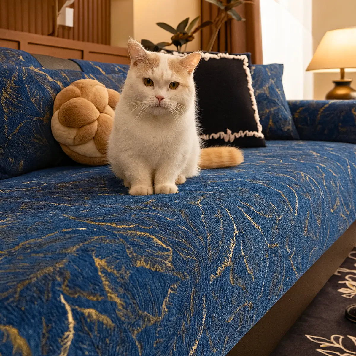 Comprar Capa Para Sofá Moderna Premium antiderrapante design folhagem azul dourado folhas proteção elegante barata promoção