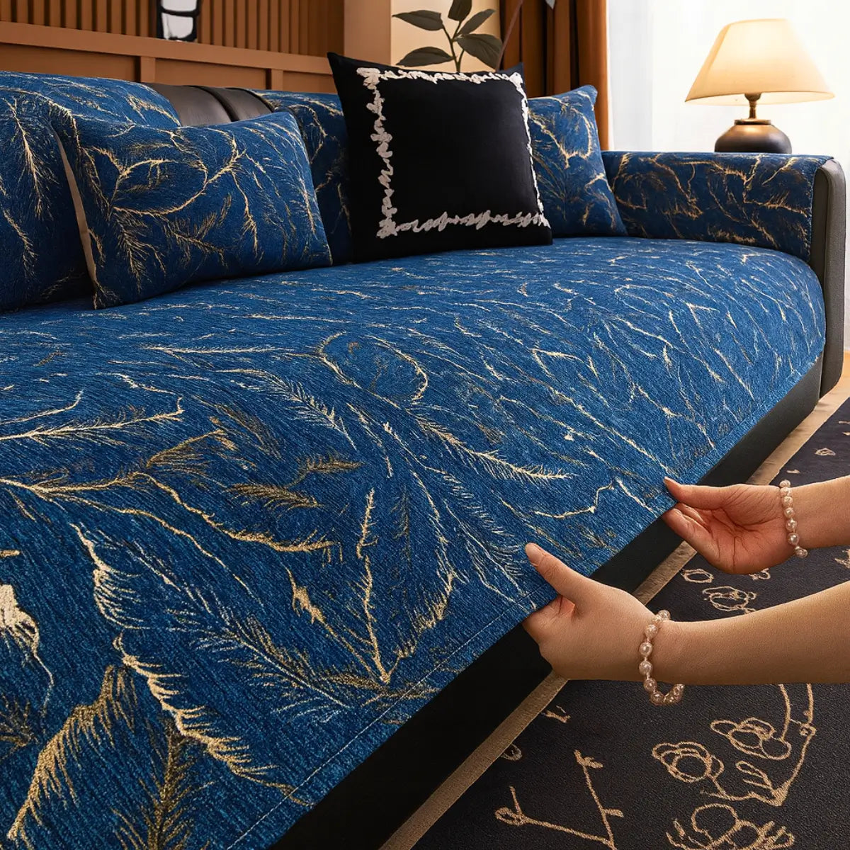 Comprar Capa Para Sofá Moderna Premium antiderrapante design folhagem azul dourado folhas proteção elegante barata promoção