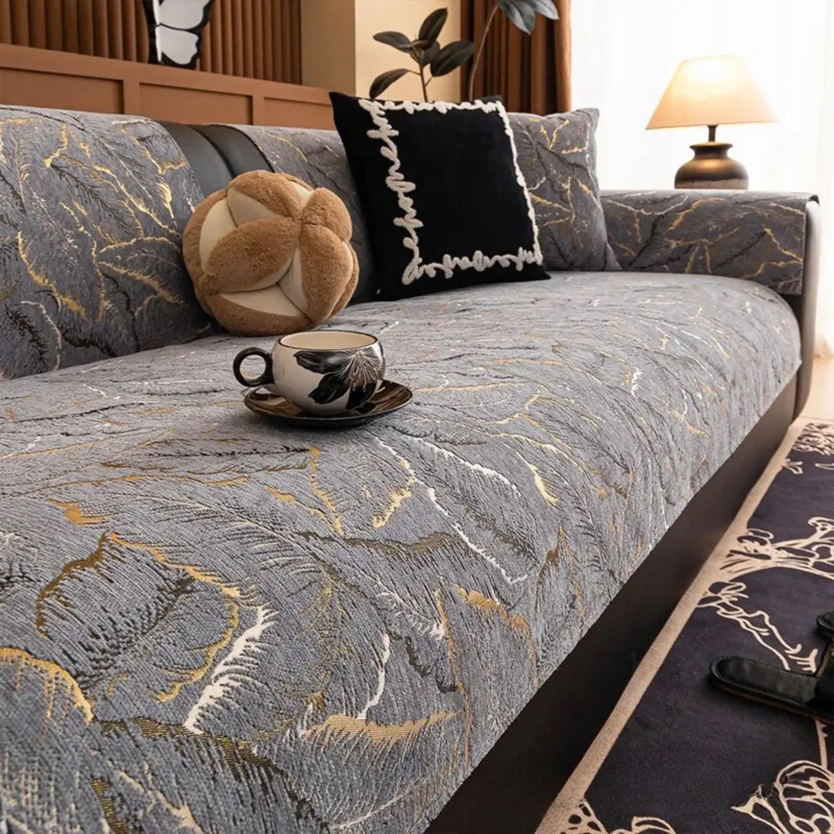 Comprar Capa Para Sofá Moderna Premium antiderrapante design folhagem azul dourado folhas proteção elegante barata promoção