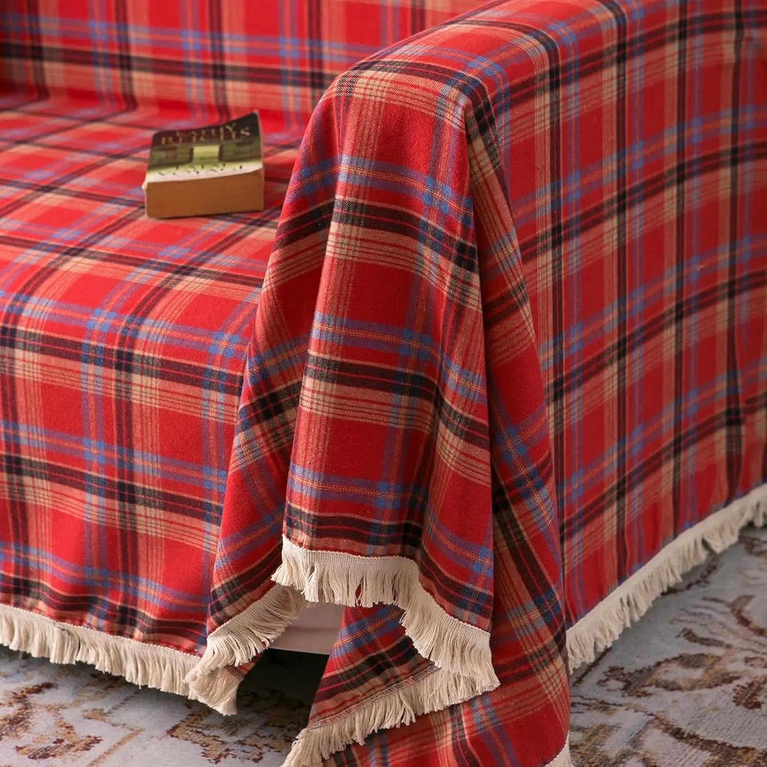 Comprar Capa de Sofá Antiderrapante Universal com Estampa Xadrez e Franjas para Decoração de Natal barato ou em promoção