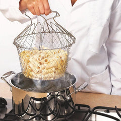 Cesto para Fritura Escorredor de aço inoxidável dobrável com alça ergonômica e grade de penetração de água ou vapor