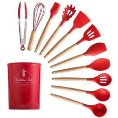 Kit de utensílios de cozinha em silicone Premium com cabo de madeira de acácia. Resistente a altas temperaturas e seguro para alimentos.