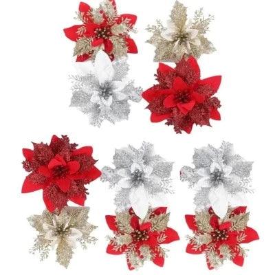 Decoração de Natal Enfeite de Flor: Transforme seu Natal em um conto de fadas com nossas encantadoras flores de Natal em PE e glitter