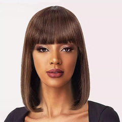Peruca lace front de cabelo humano curto liso na cor castanho