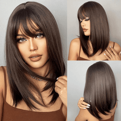 Peruca de cabelo natural médio liso com franja reta, comprimento de 32 a 35 cm, confortável e ajustável para qualquer ocasião.