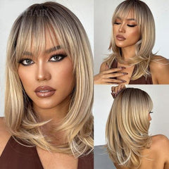 Peruca de cabelo natural médio liso com franja reta, comprimento de 32 a 35 cm, confortável e ajustável para qualquer ocasião.
