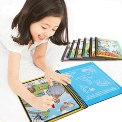 Livro de colorir infantil reutilizável com caneta de água, seguro e ecológico, ideal para desenvolvimento criativo e motor das crianças.