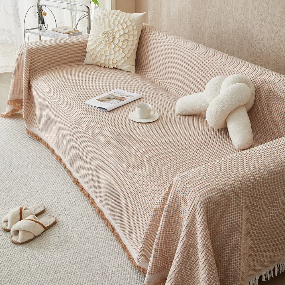 Comprar manta para sofá bege reclinável algodão premium lavável protetor multifuncional com franjas em promoção caqui