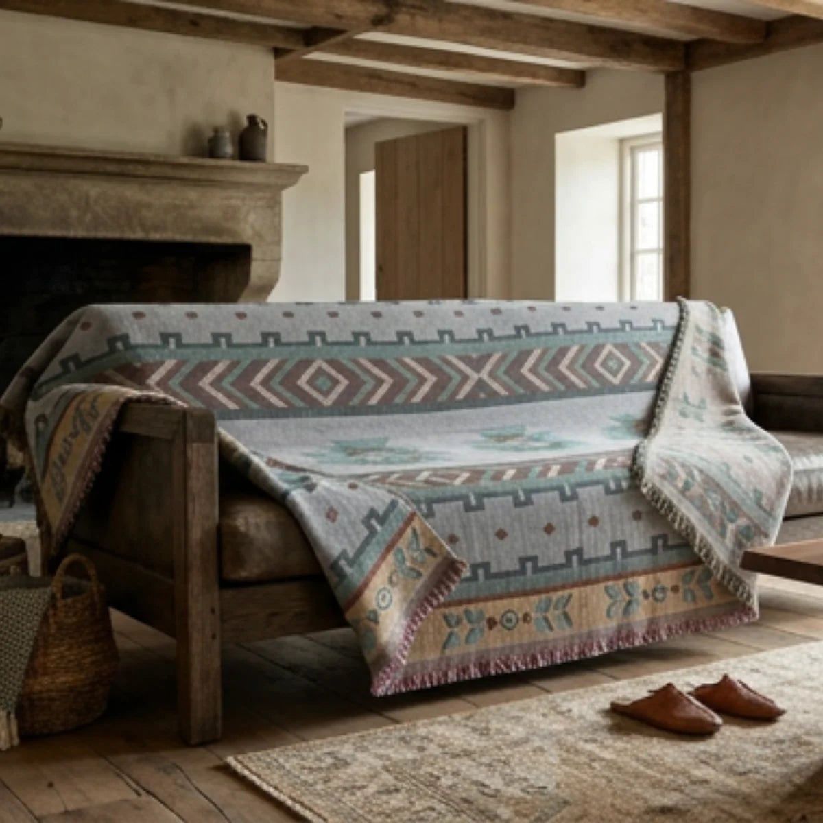 Comprar manta para sofá dupla face jacquard geométrica étnica reversível com franjas barato ou em promoção