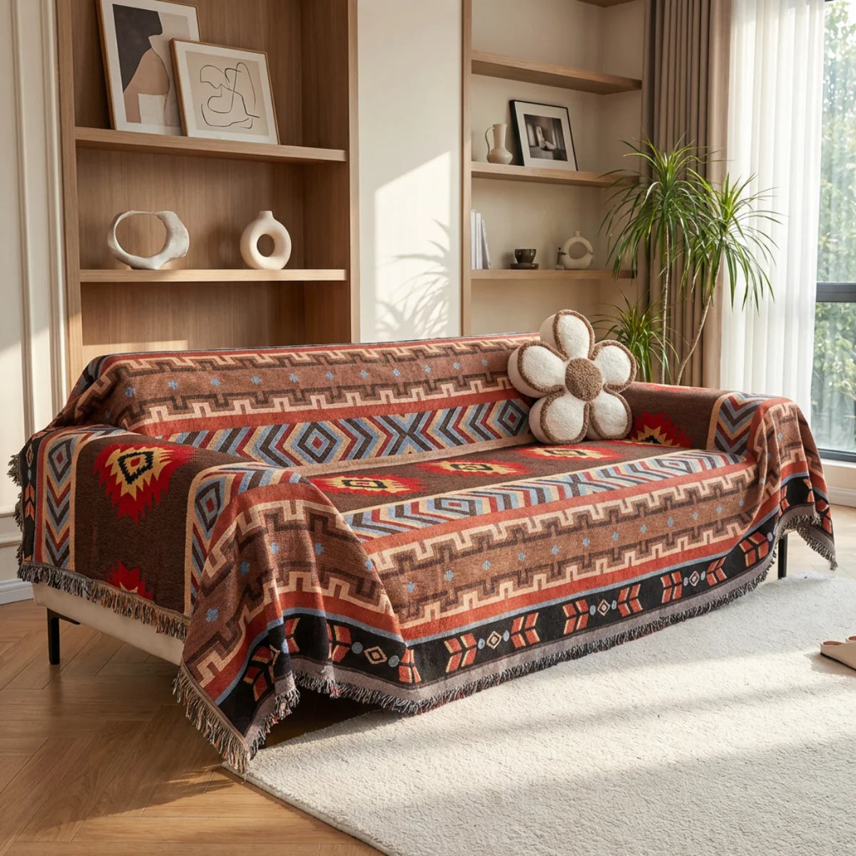 Comprar manta para sofá dupla face jacquard geométrica étnica reversível com franjas barato ou em promoção