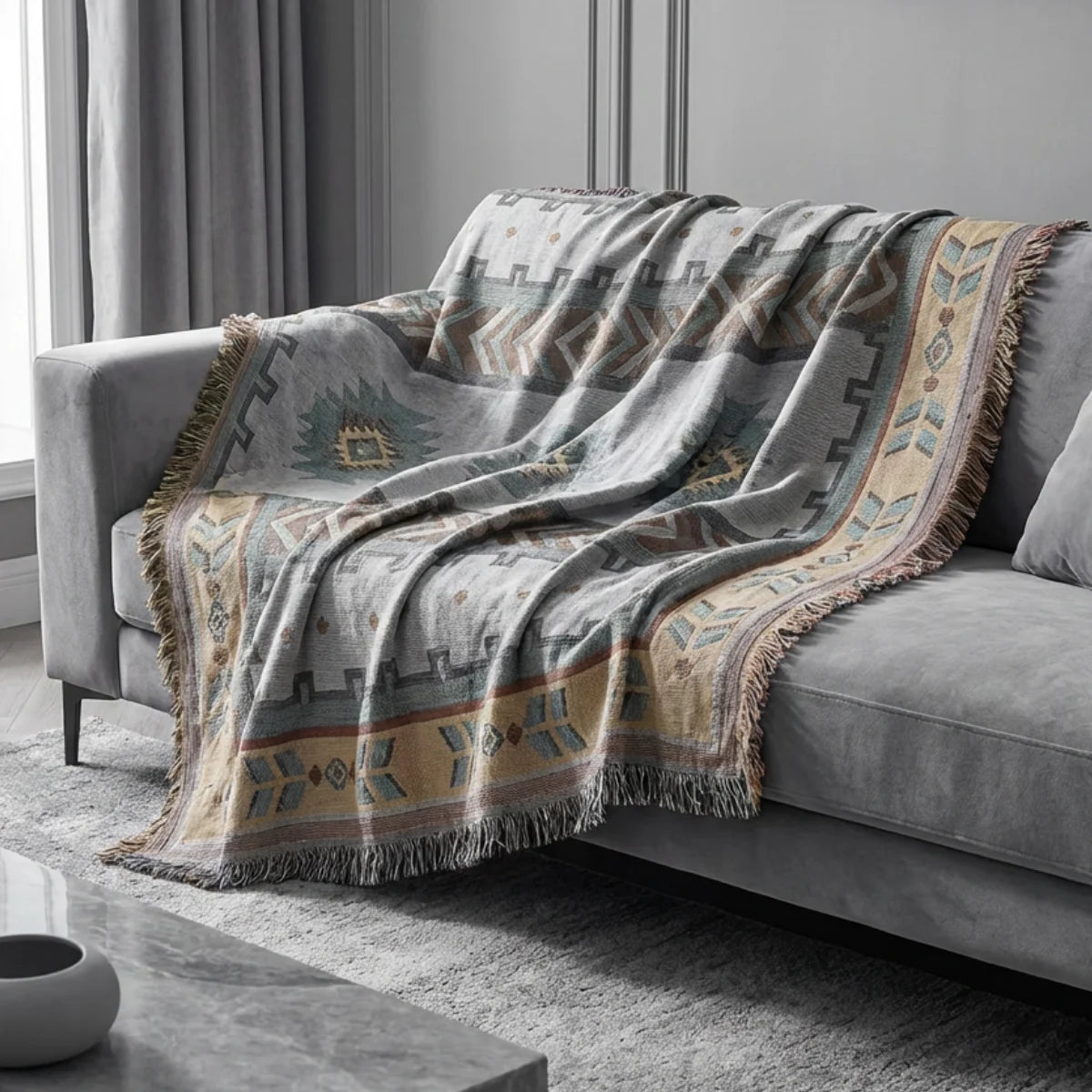 Comprar manta para sofá dupla face jacquard geométrica étnica reversível com franjas barato ou em promoção