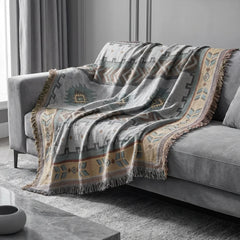 Comprar manta para sofá dupla face jacquard geométrica étnica reversível com franjas barato ou em promoção