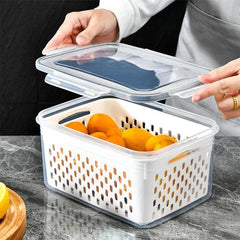 Organizador de Geladeira 2 em 1: Maximiza espaço e mantém frescor dos alimentos. Ideal para uma geladeira organizada e eficiente.