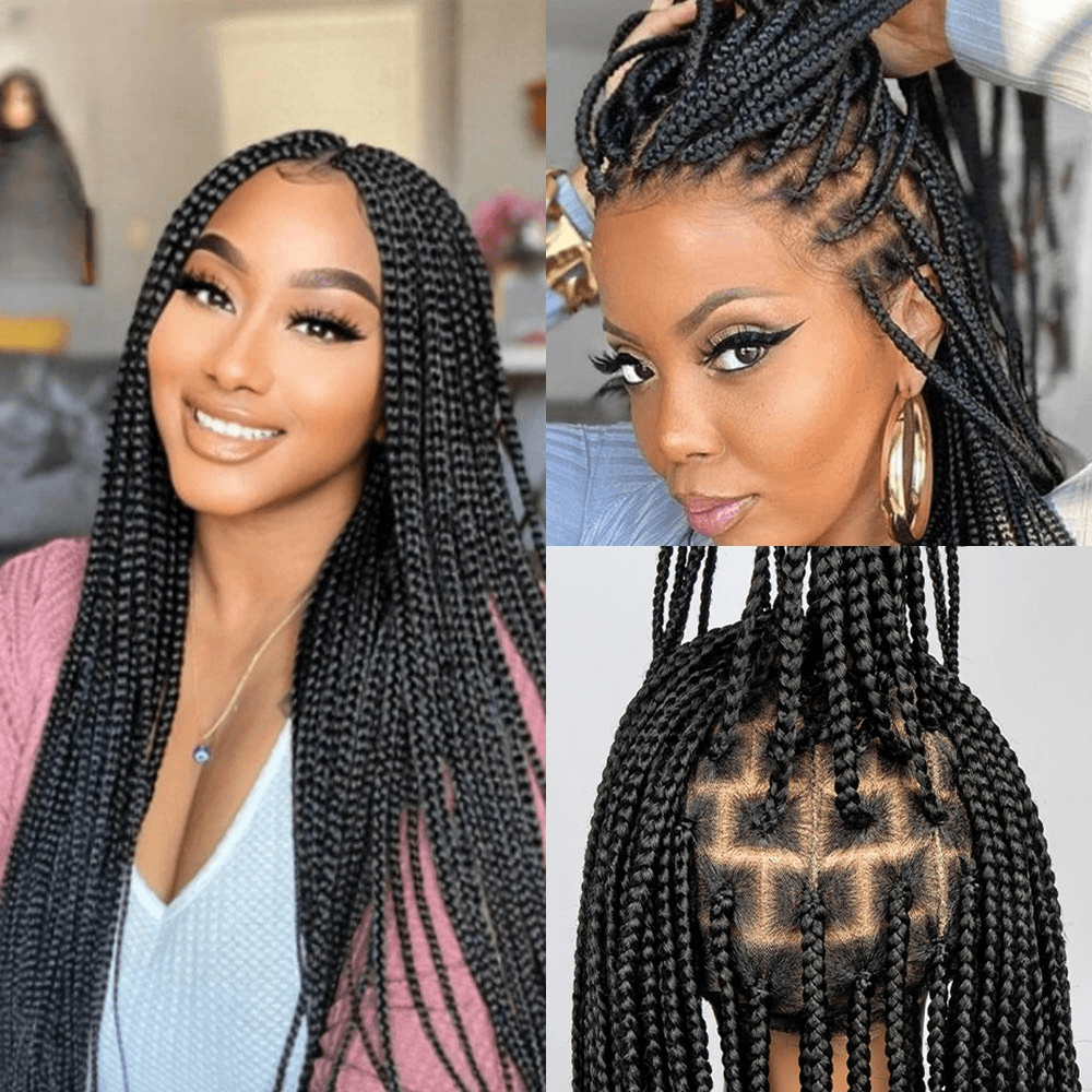 Uma mulher negra sorridente usando uma peruca cacheada dread lace front