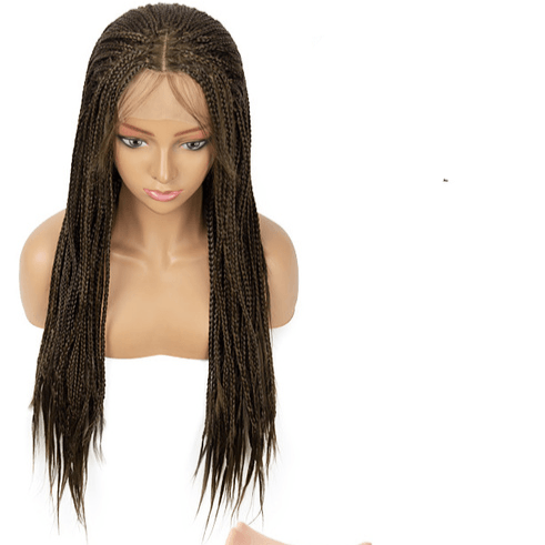 Uma mulher negra sorridente usando uma peruca cacheada dread lace front