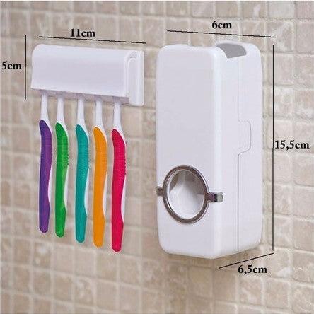 Dispenser automático de pasta de dente com suporte para escovas branco fixado na parede do banheiro com escovas de dentes coloridas