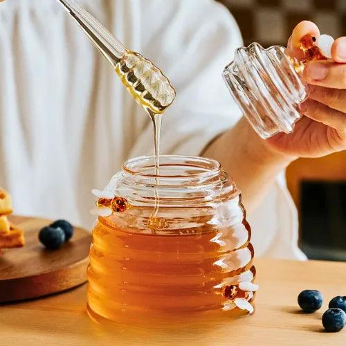 "Porta Mel de Vidro em Colmeia: Transforme suas refeições com elegância. Armazene mel com praticidade e estilo