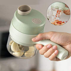 processador de alimentos elétrico 4 em 1 com quatro funções: cortar, picar, triturar e descascar. O aparelho possui lâminas de aço inoxidável, estrutura em ABS e escova de limpeza elétrica.