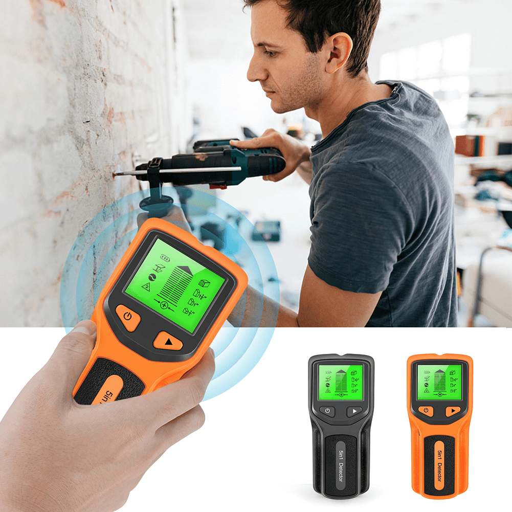 Scanner de Parede Detector Multiuso 5 em 1 com tela LCD, ideal para detecção de metais, fios elétricos, madeira e canos.