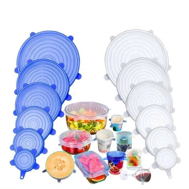 Tampas de silicone reutilizável de várias cores e tamanhos cobrindo diferentes tipos de recipientes com alimentos